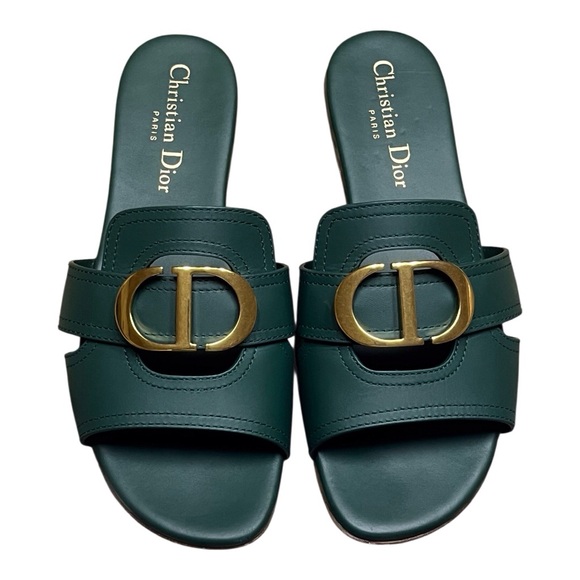 💕RARE💕 Christian Dior 30 Montaigne Logo Flat Slides Green Calfskin